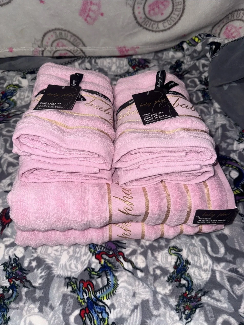 Baby Phat Pink and Gold Stripe Bath Towel Set